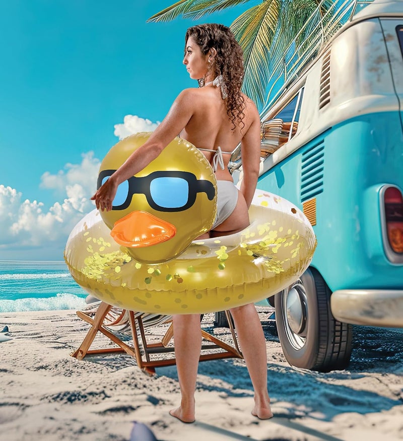 POZA Inflatable Duck Pool Float Tube- Heavy Duty Vinyl UV Resistant Confetti Pool Duck Floatie, Animal Pool Float Swim Ring Pool Inflatables for Kids and Adults for Beach, Party, Vacation - Image 4